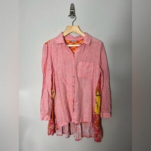 Vincente Linen Button Down Long Sleeve Shirt Mixed Pattern Floral Large 333
